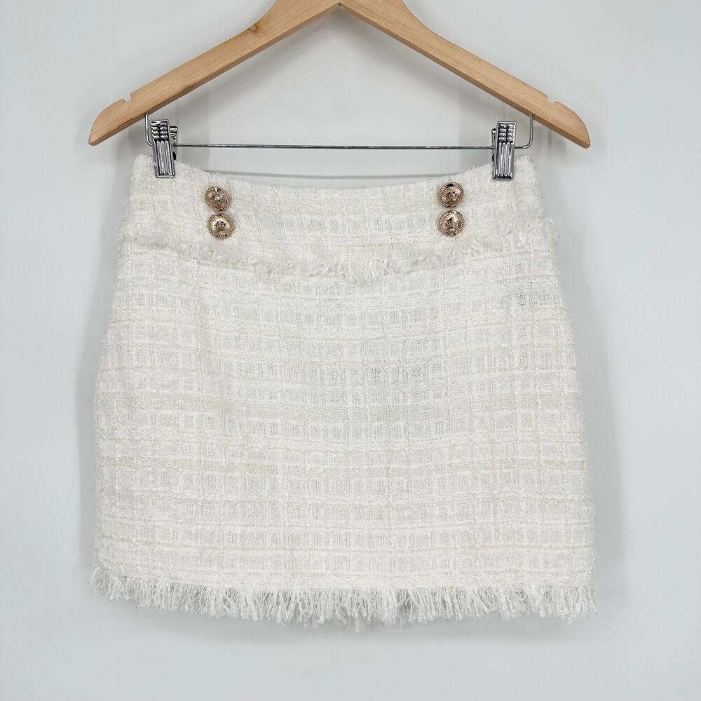 Walter Baker Daphne Tweed Mini Skirt Gold Button Fringe Angelic White NWT - Picture 4 of 10